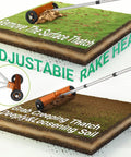Illustration showing Roller Thatch Rake For Lawn With 15 Inch Dethatcher And Smooth Rolling Wheels removing thatch from soil.