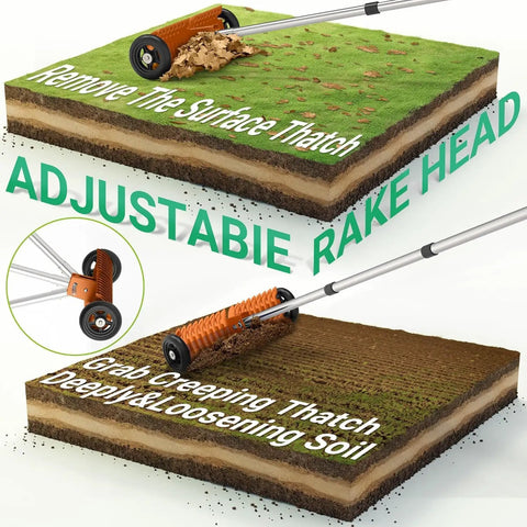 Illustration showing Roller Thatch Rake For Lawn With 15 Inch Dethatcher And Smooth Rolling Wheels removing thatch from soil.
