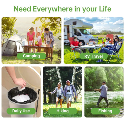 Various outdoor activities using On The Go Eco Friendly Portable Toilet Replacement Bags 30 Liter 25 Count 1.5 Mil Thick.