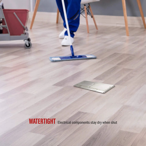 Dual Pop Up Floor Box Kit For Hardwood Carpet And Tile Floors With Watertight Gasket and a person mopping nearby