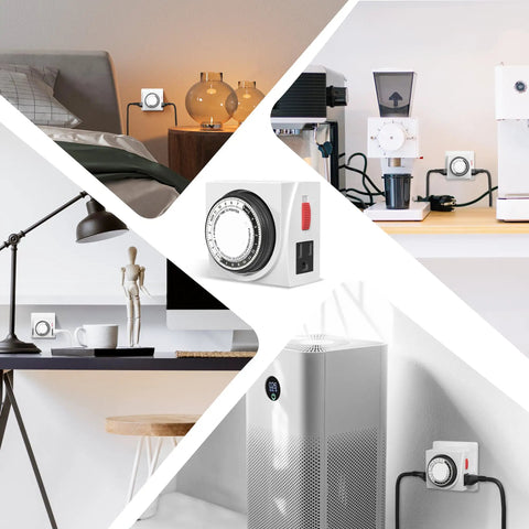 Heavy Duty Mechanical 24 Hour Timer Dual Outlet 3 Prong Indoor Power Timer used with lamps, coffee machines, and air purifiers.