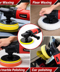 Beast Power Rotary Buffer Polisher With 1200W Motor in use for car, floor, and marble polishing, showing detachable handle and pads.