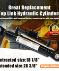 Kingway hydraulic top link cylinder with locking block, black steel body, dual hoses, side view