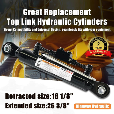 Kingway hydraulic top link cylinder with locking block, black steel body, dual hoses, side view
