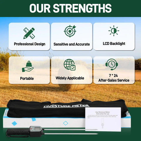 Portable Hay Moisture Meter With Backlit Display And Probe, Fast And Precise Readings From 0 To 80 Percent, About Half Percent Error, Handy On The Go For Bales And Forage Like Alfalfa And Orchard Grass, with case and manual