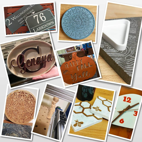 Collage of carved and engraved items using ProVerXL 4030 CNC Router For Wood Metal Acrylic MDF Carving And Engraving 3 Axis Milling Machine
