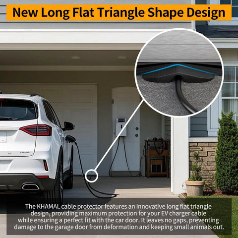 EV Charger Cable Protector For Garage Door Pass Through with long flat triangle design under a Tesla in a driveway