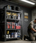 Hella Tough Heavy Duty Garage Shelving Rack With Cold Rolled Steel Frame And Massive Four Thousand Pound Load Capacity storing tools and equipment in a garage.
