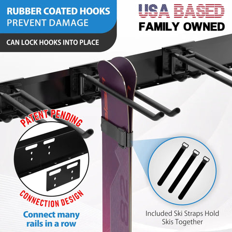 Big Boy Ski Rack Wall Mount For Garage Storage Keeps Six Pairs Of Skis And Snowboards Locked Down With Easy Snap Together Hooks Supports Up To Seventy Five Pounds In Sleek Black with rubber coated hooks