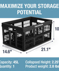 Foldable 45L Collapsible Utility Crate Heavy Duty Plastic Storage Box With 66 lb Capacity For Home Organization Trunk Hauling Moving And Groceries Durable Polypropylene Closet Organizer In Obsidian showing dimensions