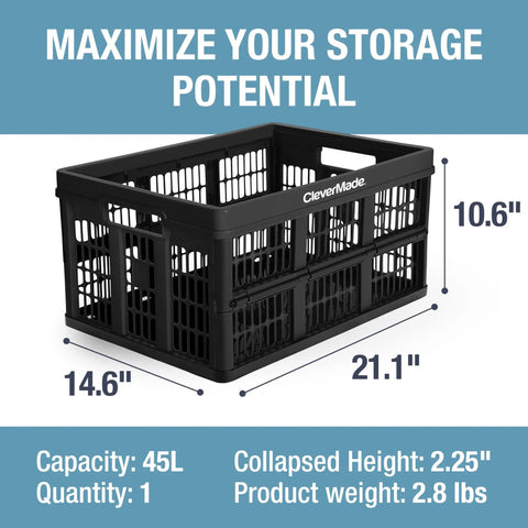 Foldable 45L Collapsible Utility Crate Heavy Duty Plastic Storage Box With 66 lb Capacity For Home Organization Trunk Hauling Moving And Groceries Durable Polypropylene Closet Organizer In Obsidian showing dimensions