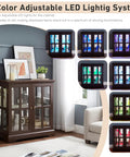 32 Inch Glass Liquor Cabinet With Seven Color LED Lights Smartphone Control in living room setup, dark cherry finish