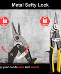 Aviation Tin Snips 3-Piece Go-To Pro-Grade Set featuring metal safety lock and comfort grips for heavy-duty tin cutting.