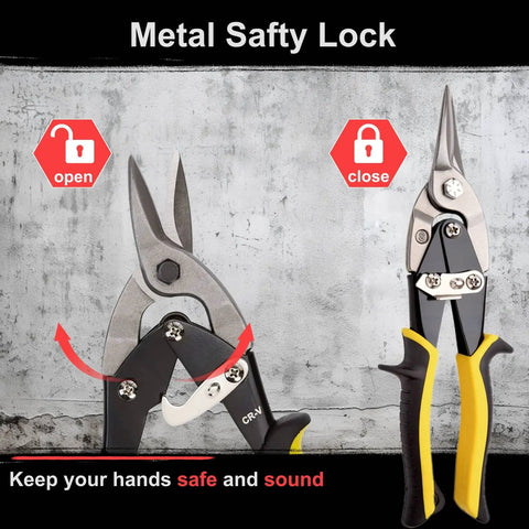 Aviation Tin Snips 3-Piece Go-To Pro-Grade Set featuring metal safety lock and comfort grips for heavy-duty tin cutting.