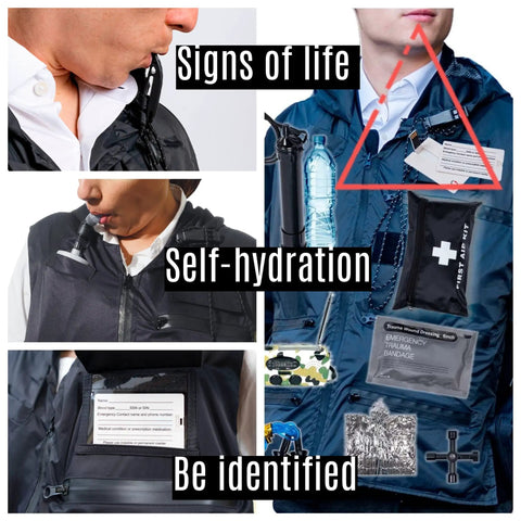 Urban Emergency Survival Vest Kit with Fire Resistant Waterproof Vest featuring self-hydration and ID elements displayed.