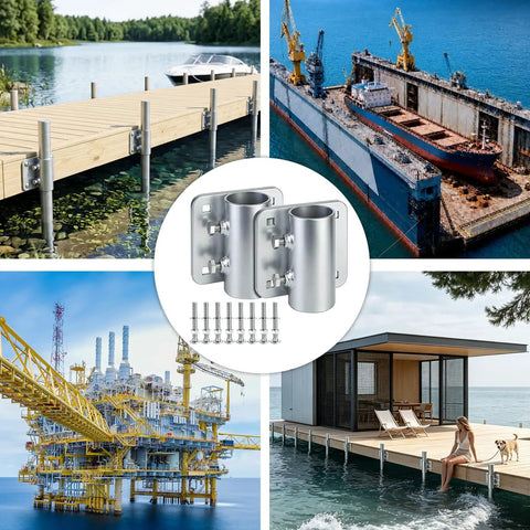 Two-Pack Heavy Duty Galvanized Dock Pipe Holders For 1-7/8 Inch Pipe With All Hardware Bolts Included Marine Grade Rustproof Brackets For Floating Dock Post Support. Installed on wooden floating docks by water.