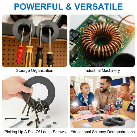 Collage of two pcs big ol ferrite ring magnets grade 10 for science experiments industrial educational and DIY projects in use