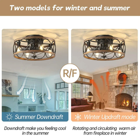 Farmhouse Style Ceiling Fan With Lights Remote Control, Caged Flush Mount 18 Inch Reversible Bladeless Design, winter and summer modes