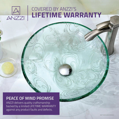 Top view of Vieno Series Vessel Sink with Pop Up Drain in Crystal Clear Floral Finish, mounted on bathroom countertop with faucet.