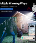 Image of a security camera spotlight on a person outside a house with siren alert, featuring Battery Powered Wireless Outdoor Security Camera With 2K Color Night Vision, 355 Degree Horizontal Pan Tilt And 90 Degree Vertical Tilt, 2-Way Talk, Spotlight And Siren, Cloud/SD Storage, Easy WiFi Surveillance.