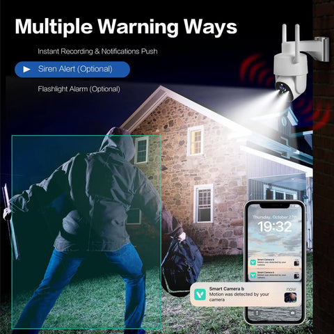 Image of a security camera spotlight on a person outside a house with siren alert, featuring Battery Powered Wireless Outdoor Security Camera With 2K Color Night Vision, 355 Degree Horizontal Pan Tilt And 90 Degree Vertical Tilt, 2-Way Talk, Spotlight And Siren, Cloud/SD Storage, Easy WiFi Surveillance.