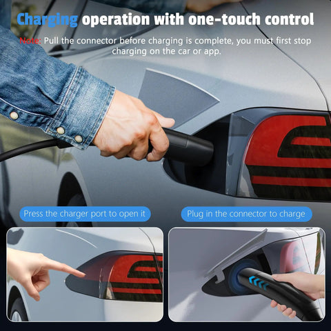 Charging operation for Level 2 EV Charger 40 Amp 240V Portable Electric Vehicle Station with one-touch control.
