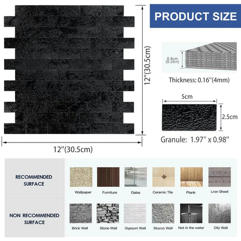 10 Sheet Peel And Stick Backsplash Subway Tile For Kitchen And Bathroom Metal Embossed Bright Black Aluminum Composite 3D Wall Tile No Grout Easy Install DIY Friendly showing tile specifications and recommended surfaces.