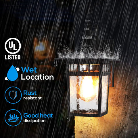 Outdoor Dusk-To-Dawn Wall Light With E26 Base, Waterproof Anti-Rust Exterior Fixture, Water Ripple Glass Shade, UL Listed