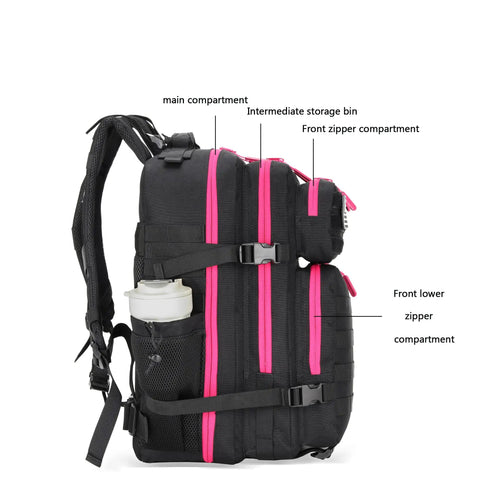 Side view of 45L Tactical Assault Backpack With MOLLE System Waterproof Rucksack featuring front pockets and black rose accents.