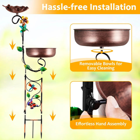 2 In 1 Outdoor Bird Bath And Feeder Stand with copper finish, showcasing removable bowls, garden installation guide
