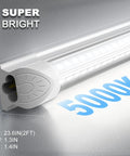 Bright 2 Foot LED Shop Light 22W 3300 Lumens 5000K Daylight V Shape Linkable Ceiling Tube Fixture close-up with dimensions