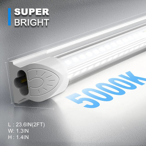 Bright 2 Foot LED Shop Light 22W 3300 Lumens 5000K Daylight V Shape Linkable Ceiling Tube Fixture close-up with dimensions