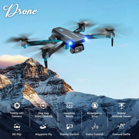 1080P FPV Drone With Camera For Kids And Adults, One Key Takeoff And Landing, shown flying over snowy mountains