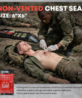 Non-vented chest seal (6x6 in), NITEPRO package; medic applies chest seal to injured man during field first aid.