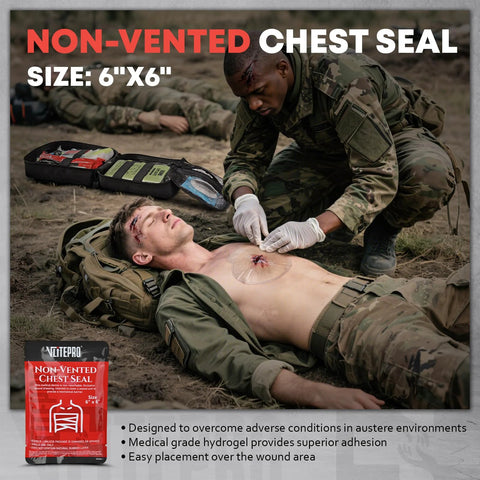 Non-vented chest seal (6x6 in), NITEPRO package; medic applies chest seal to injured man during field first aid.