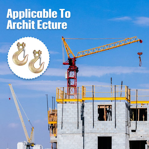 Two Pack Five Sixteenth Inch Clevis Slip Hook With Safety Latch Heavy Duty Forged G70 Steel Chain For Deck Hauler Receiver Hitches Tow Winch And Trailer shown near construction site with cranes.