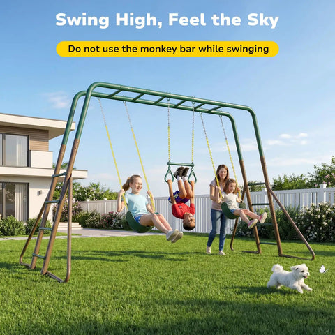 Backyard Swing Set Built Tough With Monkey Bars Trapeze Bar And Two Belt Swings Heavy Duty Metal Playground For Kids Outdoor Jungle Gym In Green And Brown Weather Resistant Powder Coated Steel with children playing.