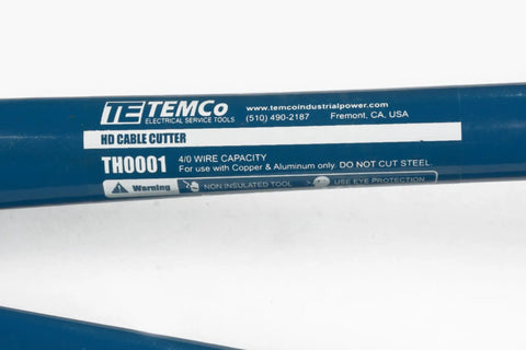 Close-up of Beefy Heavy Duty Wire Cutter For 4/0 Gauge Copper And Aluminum, showing the handle label and specifications.