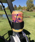 Magnetic Rangefinder Strap For Golf Carts And Rails Adjustable Mount Holder With Ultra Strong Magnets holding a drink can on a golf cart