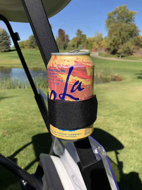 Magnetic Rangefinder Strap For Golf Carts And Rails Adjustable Mount Holder With Ultra Strong Magnets holding a drink can on a golf cart