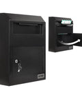 Beefy Heavy Duty Steel Wall Mount Drop Box Deposit Safe 12 By 4 By 15 Inches with locking mechanism and open view.