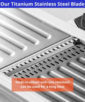 Close-up view of titanium stainless-steel blade on a 24-in-1 mandoline slicer with perforated cutting surface