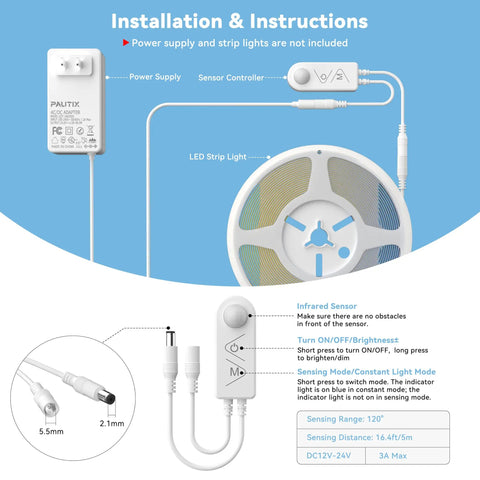 Installation guide for Motion Activated LED Dimmer Controller With PIR Sensor, DC12-24V, 3A Max, Infrared Sensor, 2 Pack.