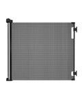 Gray retractable baby gate for indoor and outdoor use, shown fully extended at 71 inches wide and 33 inches tall, ideal for wide spaces.