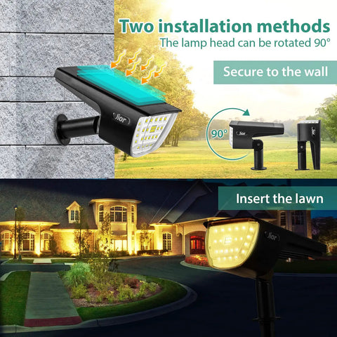 Solar Landscape Spotlight Kit With 32 LED Outdoor Wall Lights IP65 Waterproof showing wall and lawn installation methods