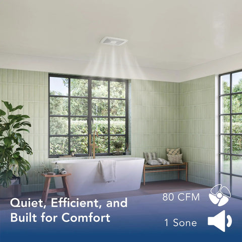 Bathroom with LoProfile 4 Inch Bathroom Ventilation Fan With ENERGY STAR Certification 80 CFM Ultra Quiet 1.0 Sones installed