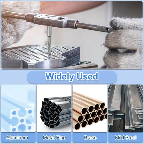 Top Shelf 3 Piece Hand Tap Set Featuring M3.5 X 0.6 Metric Thread Sizes with Taper Plug in use on aluminum workpiece.