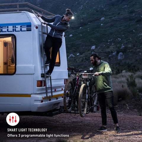 Person climbing RV ladder using 600 Lumen Headlamp With Red Rear Safety Light For Hard Hat Use, 65 Degree Swivel Focus