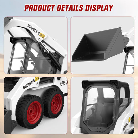 Close-up of 1:14 Scale RC Skid Steer Loader Toy for Kids With 2.4GHz Remote showing bucket, wheels, and cabin details.