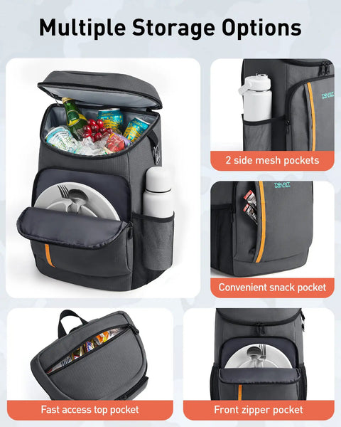 Cooler Backpack For 28 Cans Insulated Leak Proof Lightweight Grab And Go Cooler with multiple storage compartments open